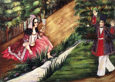 La giovinezza arriva su una ragazza vicino a un ruscello da Qajar School