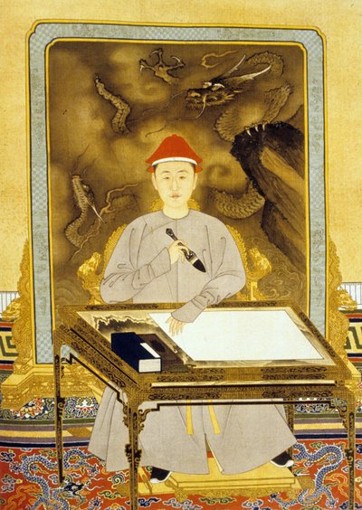 Heng Tsu o Kangxi, Imperatore della Cina alla sua scrivania da Qing Dynasty   Kangxi Period Chinese School