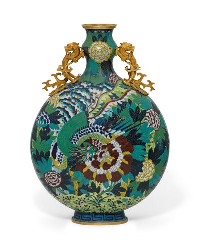 Un grande fiasco lunare in smalto cloisonné da Qing Dynasty Chinese School