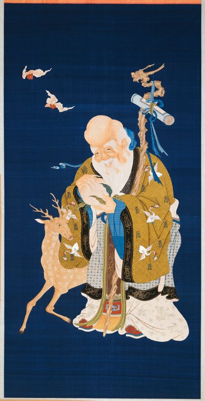 Grande rotolo appeso kesi raffigurante Shoulao che tiene una pesca, abbracciando un bastone di radice con una testa di drago accanto a un cervo e due pipistrelli in volo, 1796-1820 da Qing Dynasty Chinese School