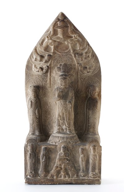 Trinità buddista in rilievo su piedistalli di loto davanti a sfondo appuntito da Qing Dynasty Chinese School