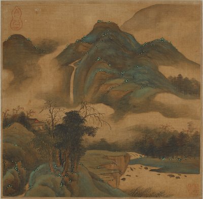 Guardare una cascata da una capanna di montagna da Qing Dynasty Chinese School