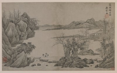 Paesaggio fluviale e raccoglitori di legna da Qing Dynasty Chinese School