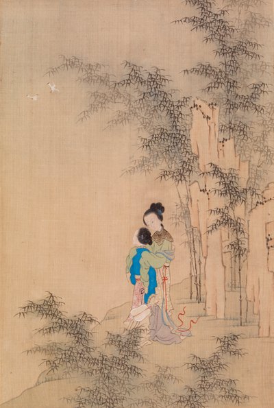 Due figure che si abbracciano in un paesaggio da Qiu Ying