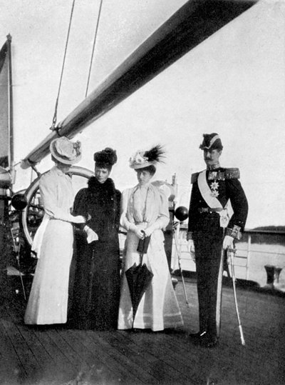 Imperatrice Maria Feodorovna, Principessa Victoria, Regina Maud e Re Haakon VII di Norvegia, 1908 da Queen Alexandra