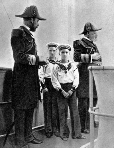 Re Edoardo VII 1841-1910 con suo figlio Giorgio 1865-1936 e i suoi due nipoti maggiori, 1908 da Queen Alexandra