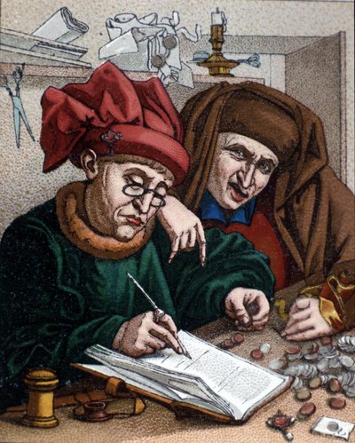 Usurai. Questa attività ha portato alla creazione delle banche. Illustrazione ispirata al dipinto di Metsys. XIX secolo da Quentin (after) Massys or Metsys