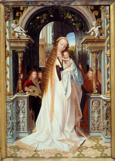 Vergine e bambino con tre angeli (pannello centrale di un trittico) da Quentin Massys or Metsys