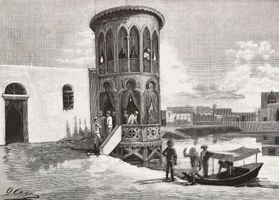 Una piccola torre moresca che ospita il club degli ufficiali italiani, Massaua, Eritrea, incisione da un disegno di Quinto Cenni e uno schizzo di Pieragostini, da L