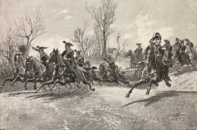 Artiglieria a cavallo, esercito italiano, incisione da un disegno di Quinto Cenni, da L