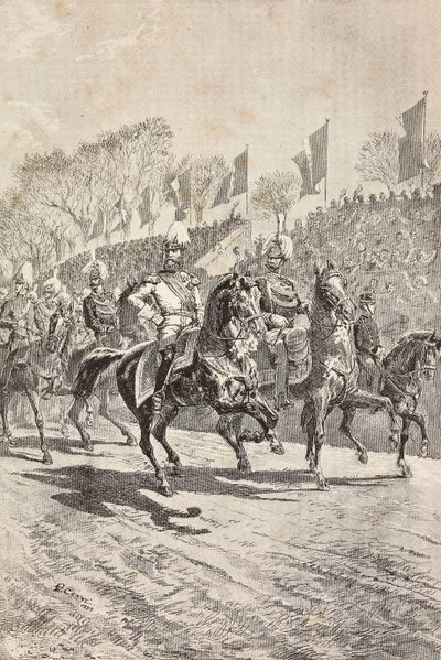 Capi di Stato Maggiore che entrano nel campo di parata, celebrazioni per la visita del principe ereditario di Germania (futuro Federico III) a Roma, Italia, incisione da un disegno di Quinto Cenni, da L
