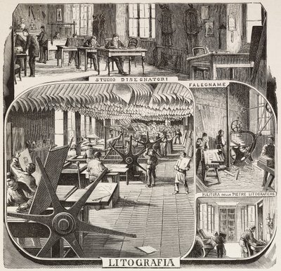 Casa editrice Fratelli Treves: studio dei disegnatori, falegnameria, pulizia delle pietre litografiche, litografia, Milano, Italia, incisione da un disegno di Quinto Cenni, da L