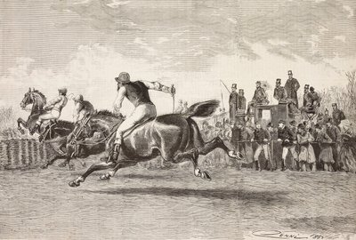 Corsa di cavalli al parco di Villa Arconati, Castellazzo, incisione da disegno di Quinto Cenni, da L