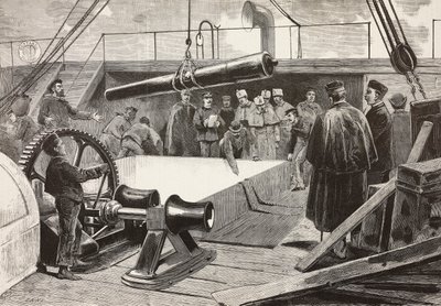 Marinai e ufficiali italiani che allestiscono la nave Gottardo, spedizione italiana nel Mar Rosso, Palermo, Italia, incisione da disegno di Quinto Cenni e schizzo di Dante Paolocci, da L