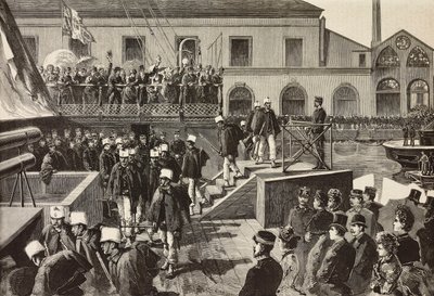 Soldati italiani che salgono a bordo della nave Washington, Napoli, Italia, terza spedizione italiana nel Mar Rosso, incisione da un disegno di Quinto Cenni e schizzo di M Del Don, da L