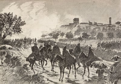 Soldati italiani a cavallo in movimento da Copreno a Cermenate, Italia (incisione) da Quinto Cenni