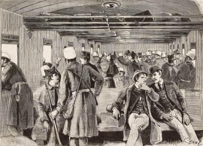 Soldati italiani sul treno diretto a Napoli, Italia, seconda spedizione italiana nel Mar Rosso, incisione da un disegno di Quinto Cenni e schizzo di M Dal Don, da L