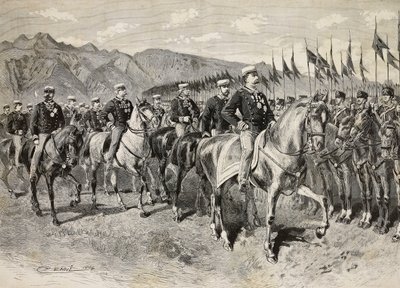 Re Umberto I ispeziona i lancieri di Firenze, con il generale Martin di Montu dietro di lui, 28 settembre, esercitazioni di cavalleria a Pordenone, Italia, incisione da un disegno di Quinto Cenni, da L