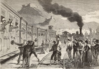 Uomini e donne che salutano i soldati italiani in partenza dalla stazione ferroviaria di Cassino, Italia (incisione) da Quinto Cenni