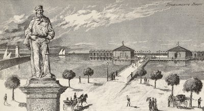 Monumento in memoria di Giuseppe Garibaldi (1807-1882), politico e patriota italiano, e stabilimento balneare sullo sfondo, Cesenatico, Italia da Quinto Cenni