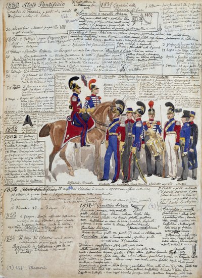 Ufficiali e cadetti a piedi e a cavallo, uniformi degli Stati Pontifici da Quinto Cenni