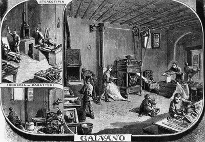 Uffici dei fratelli Treves, reparto fusione caratteri e stampa stereotipata, Milano, Italia, illustrazione di Quinto Cenni (1845-1917) da L