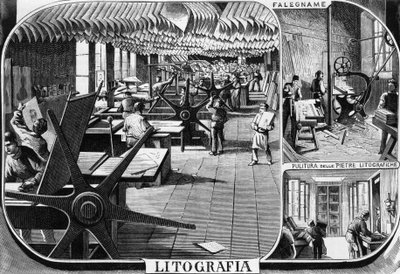 Uffici dei fratelli Treves, reparto litografia, Milano, Italia, illustrazione di Quinto Cenni (1845-1917) da L