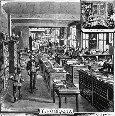 Uffici dei fratelli Treves, tipografia e sovrapposizione, Milano, Italia, illustrazione di Quinto Cenni da L