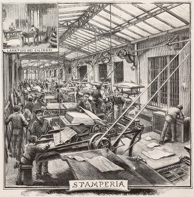 Tipografia nella casa editrice Fratelli Treves, Milano, Italia, incisione da disegno di Quinto Cenni, da L