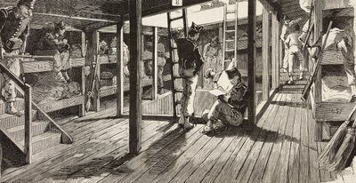 Soldati sotto coperta nel dormitorio, nave Principe Amedeo, spedizione italiana nel Mar Rosso, incisione da disegno di Quinto Cenni e schizzo di M Dal Don, da L