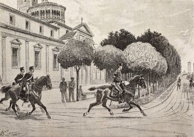 Soldati a cavallo che passano davanti al Santuario della Beata Vergine dei Miracoli, Saronno, Italia, incisione da un disegno di Quinto Cenni, da L