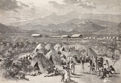 Tende del campo profughi di Zula, Arafali, Eritrea, incisione di Cantagalli da un disegno di Quinto Cenni e uno schizzo di Pieragostini, da L