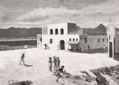 Edificio delle Poste Italiane, Massaua, Eritrea, incisione da un disegno di Quinto Cenni e uno schizzo di Pieragostini, da L