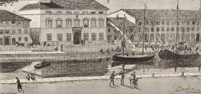 Il municipio e il canale del porto, Cesenatico, Italia, incisione da un disegno di Quinto Cenni e uno schizzo di Ulisse Topi, da L