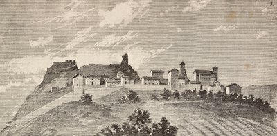 La città di San Giovanni in Galilea, Italia, incisione da un disegno di Quinto Cenni e uno schizzo di Ulisse Topi, da L