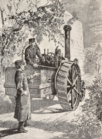Due ingegneri militari italiani su locomotiva stradale, nelle loro nuove uniformi, incisione da disegno di Quinto Cenni, da L