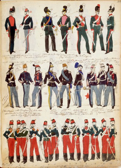 Vari uniformi italiane in uso comune intorno al 1860 di Quinto Cenni, tavola a colori da Quinto Cenni