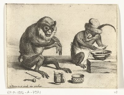 Una scimmia applica una benda Diverse attività della vita umana rappresentate dalle scimmie (serie) il Gioco delle scimmie nel mondo (serie) da Quirin Boel