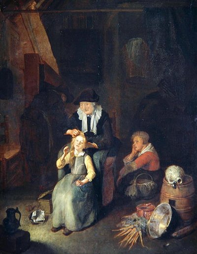 Interno di un cottage con donna che pettina i capelli di una ragazza da Quiringh Gerritsz. van Brekelenkam