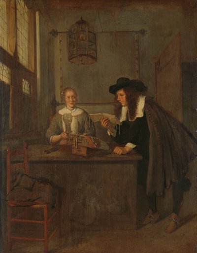 Interno con lavoratrice di pizzo e un visitatore da Quiringh Gerritsz. van Brekelenkam