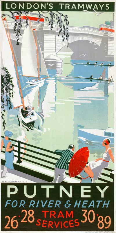 Putney, per fiume e brughiera, poster del London County Council LCC Tramways, 1932 da RF Fordred