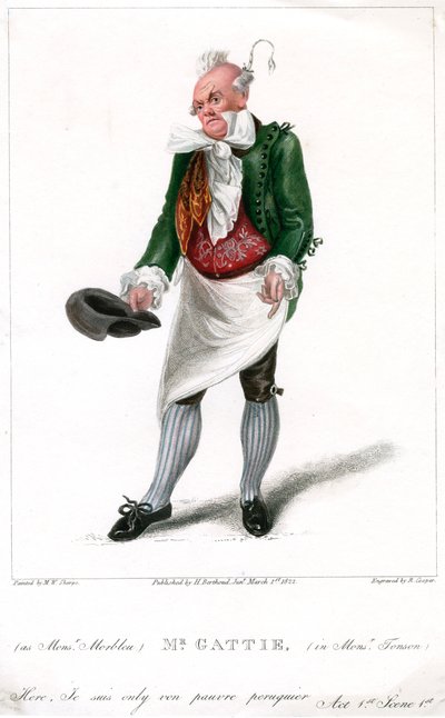 Mr Gattie come Monsieur Morbleu in Monsieur Tonson, 1822 da R. Cooper