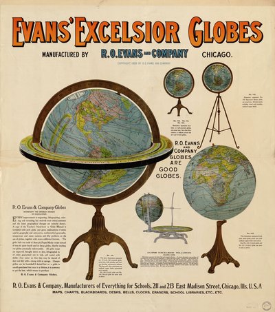 Poster pubblicitario per globi con rappresentazioni di 5 globi e qualche testo descrittivo da R. O. Evans And Company