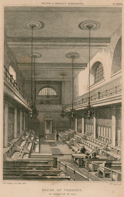 Camera dei Comuni, Westminster, Londra, come allestita nel 1835 da R. W. Billings