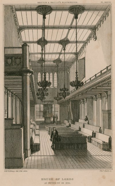 Camera dei Lord, Westminster, Londra, allestita nel 1835 da R. W. Billings