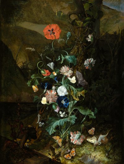 Una disposizione di fiori vicino a un tronco d