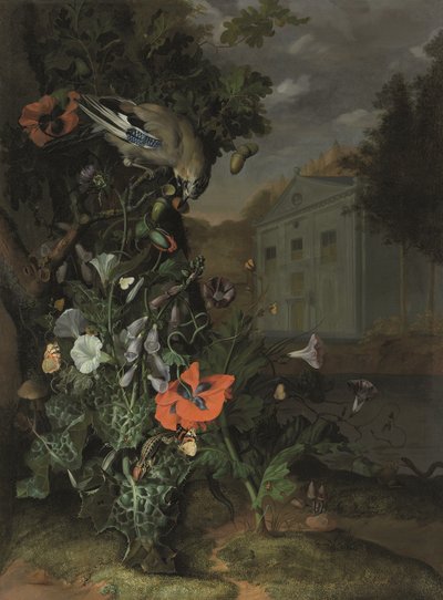 Pavimento della foresta con una facciata classica oltre da Rachel Ruysch