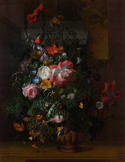 Rose, convolvoli, papaveri e altri fiori in un