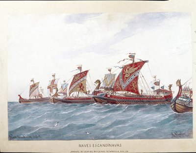 Rappresentazione della flotta del re Olaf I di Norvegia da Rafael Monleon y Torres