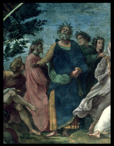 Il Parnaso, dettaglio di Omero, Dante e Virgilio, nelle Stanze della Segnatura, 1510-11 da Raffaello Sanzio Raphael